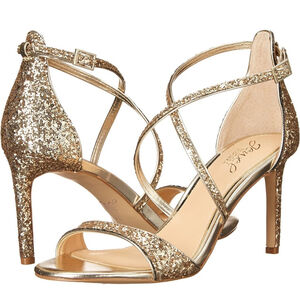 Jewel Badgley Mischka Dimitra Gold Sequin Cross Strap Stiletto Heeled Sandal